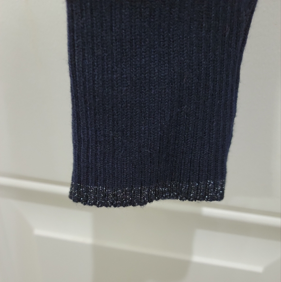 V-Neck Knitted Navy Blue Sweater with Silver Metallic Trim Size XS - Picture 3 of 5